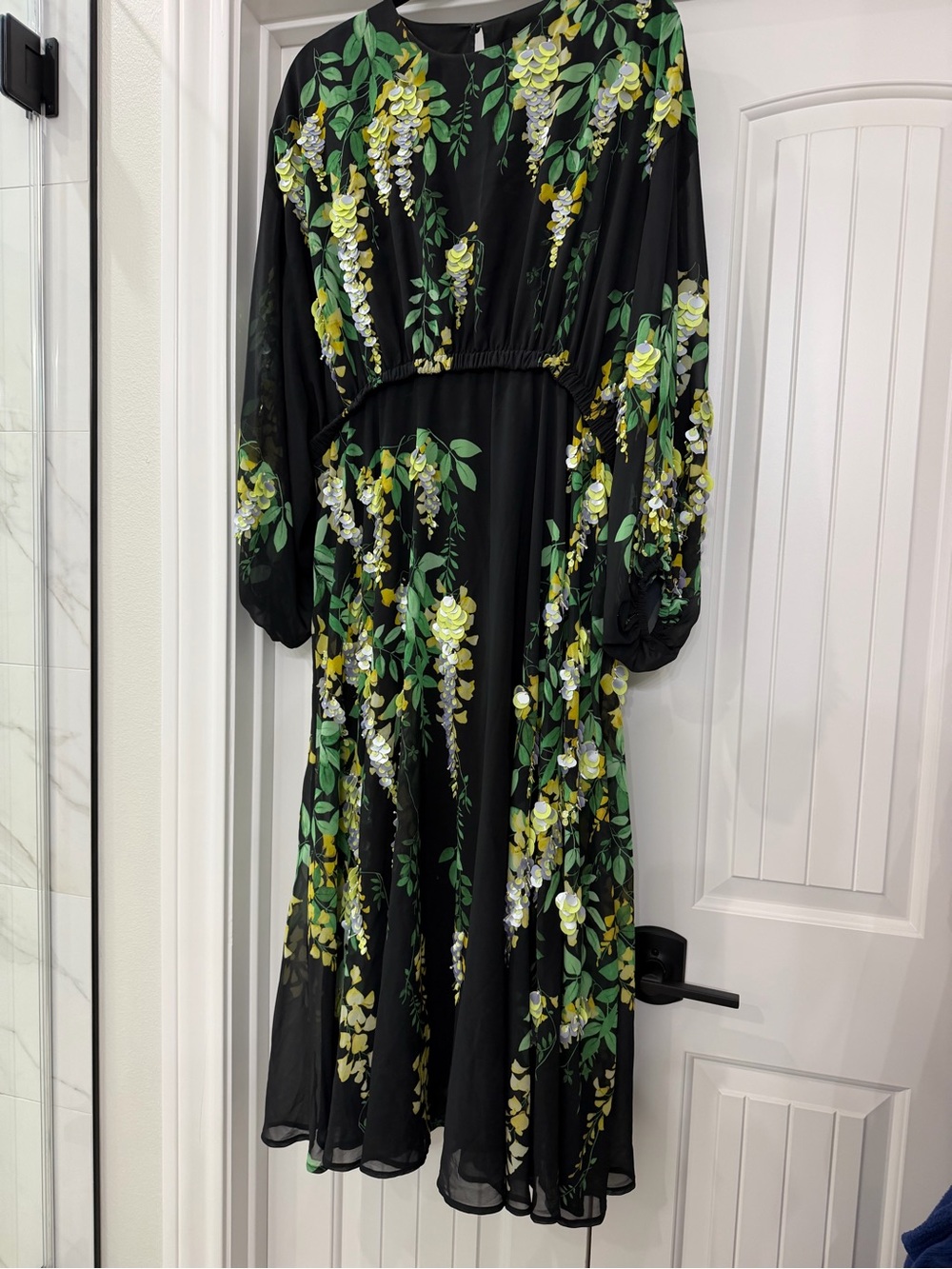 ASOS Black Midi Dress with Green & Yellow Floral Print